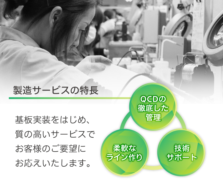 アイクォークの製造サービスの特長はQCDの徹底した管理、技術サポート、柔軟なライン作りです。